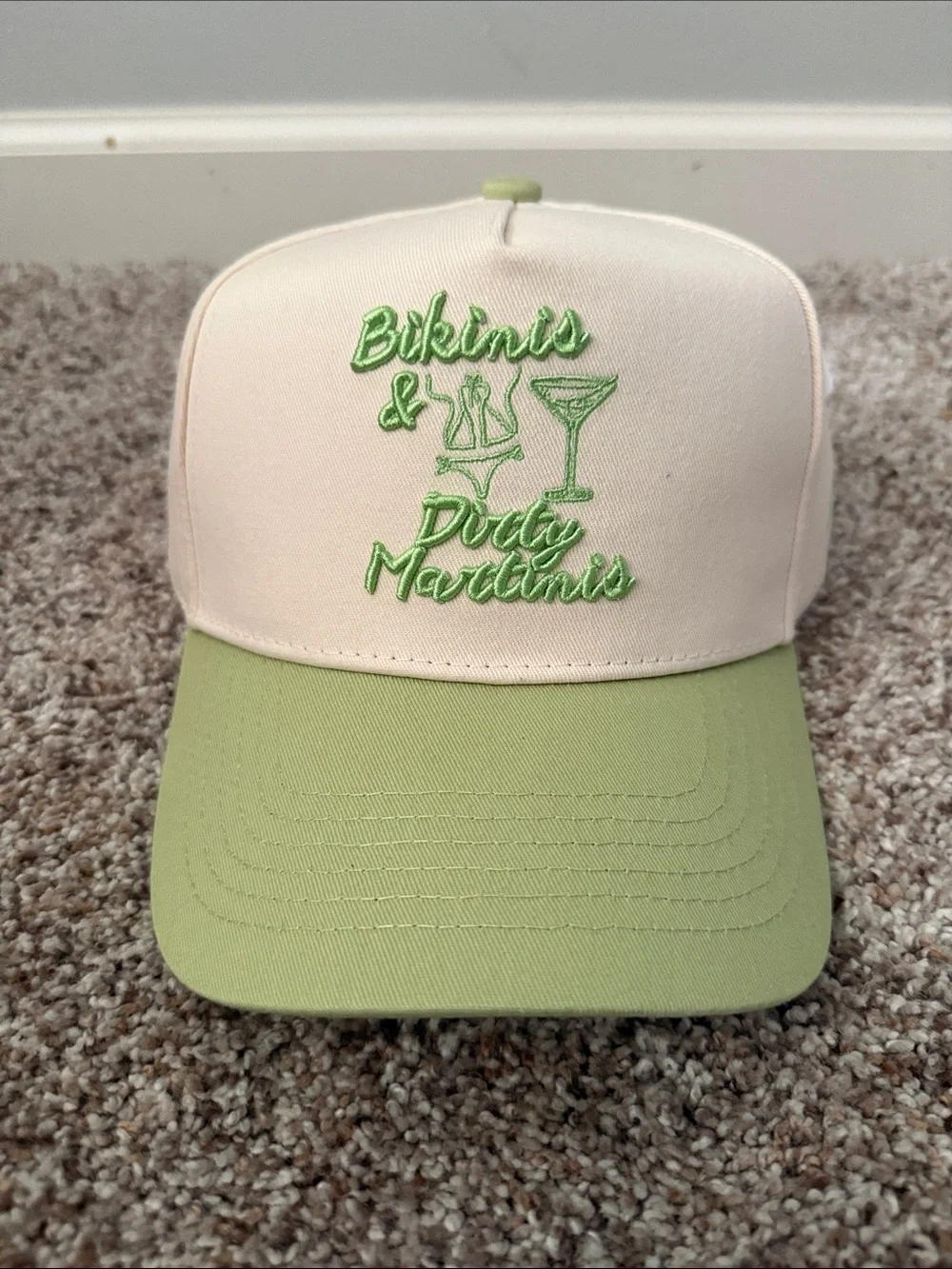 Bikinis & Dirty Martinis Embroidered Two-Tone Cap - Light Pink & Lime Green